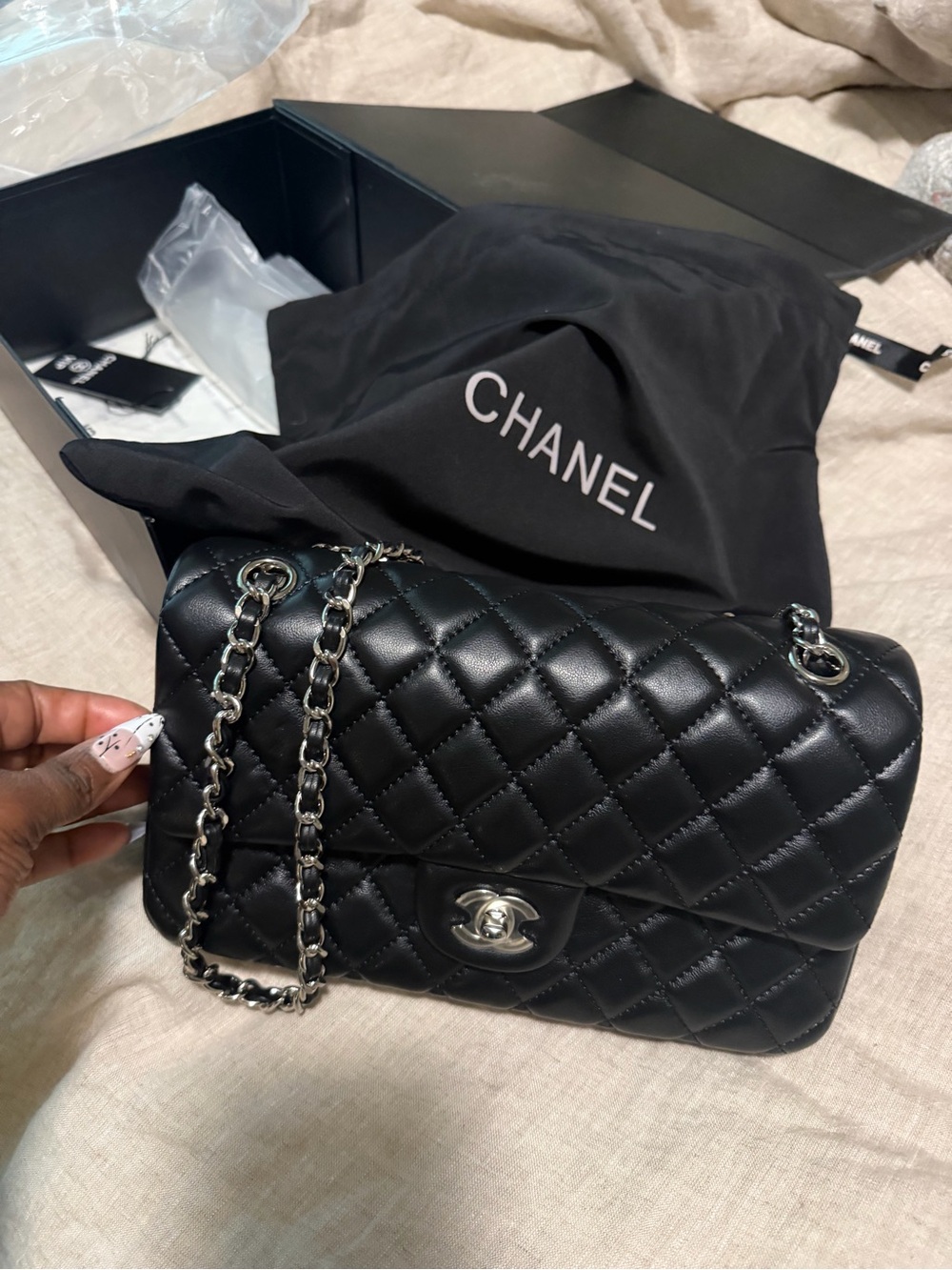 Classic Quilted Caviar Leather Double Flap Bag in Black (Medium size) - Picture 4 of 10